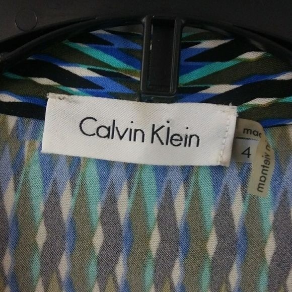 CALVIN KLIEN Women's Faux Wrap Sz 4 Blue Long Sleeve Geo Print Midi Dress - Picture 11 of 15